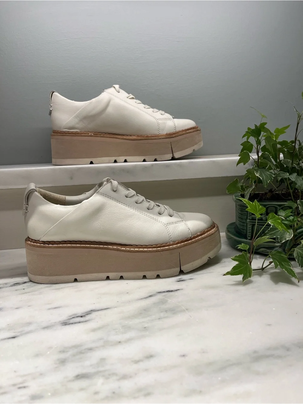 Dolce Vita Women's White Leather Platform Sneaker with Chunky Tan Sole